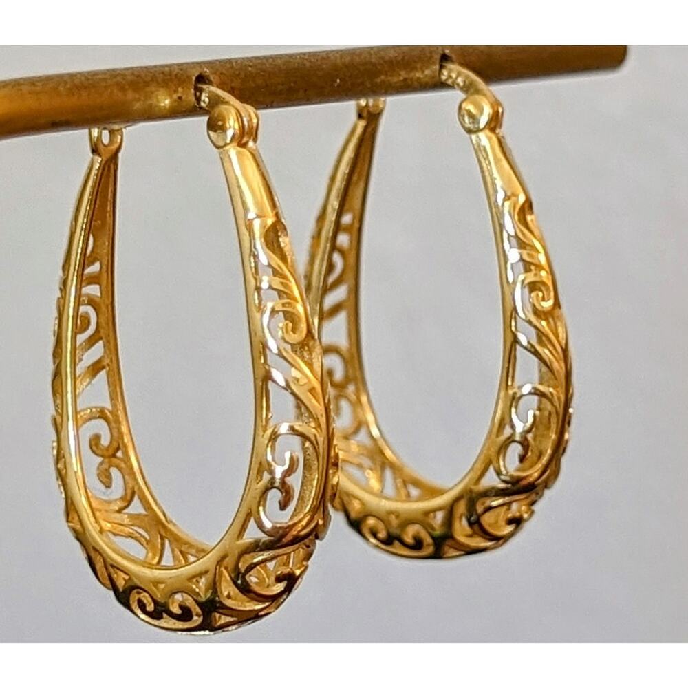 Elegant Gold Filigree Teardrop Hoop Earrings - Women Jewelry Earrings